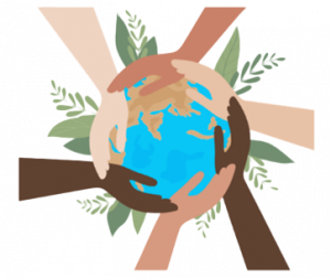 Artistic illustration of planet earth being hold by 6 hands with different skin color