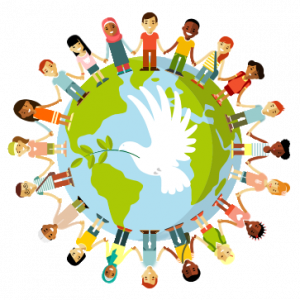 artistic Illustration of planet earth with cartoons for people from different races and ethnical backgrounds holding hands.